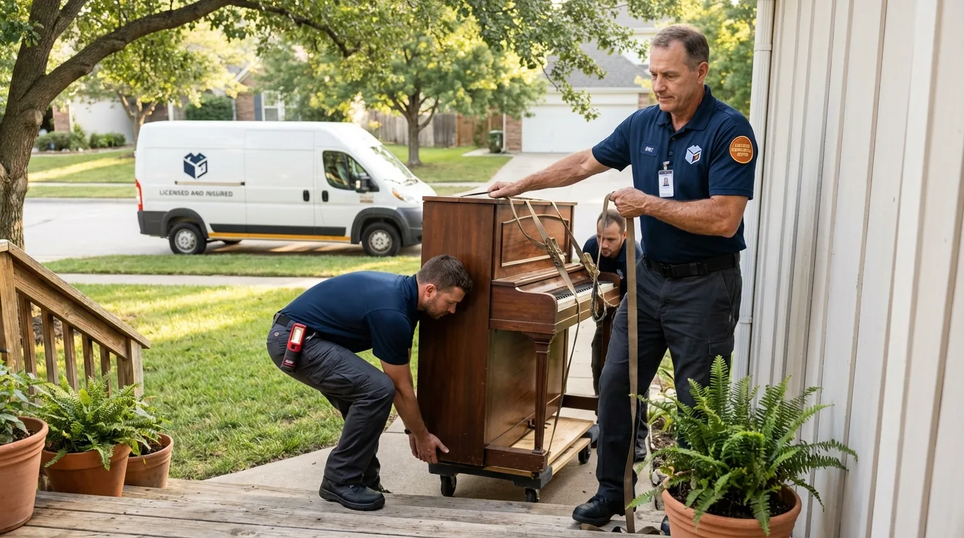 Licensed piano movers securing grand piano in North Pole, AK