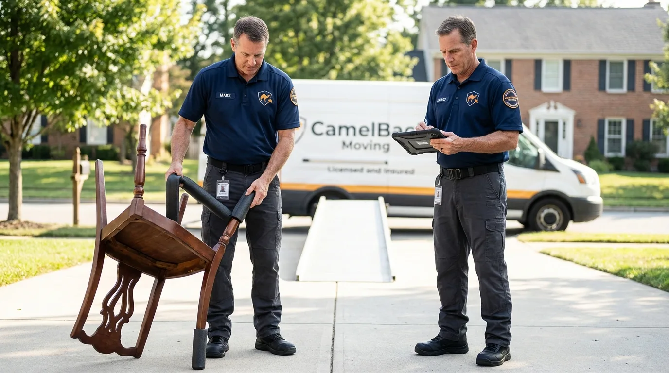 Movers inspecting furniture for damage prevention before loading in North Pole, AK