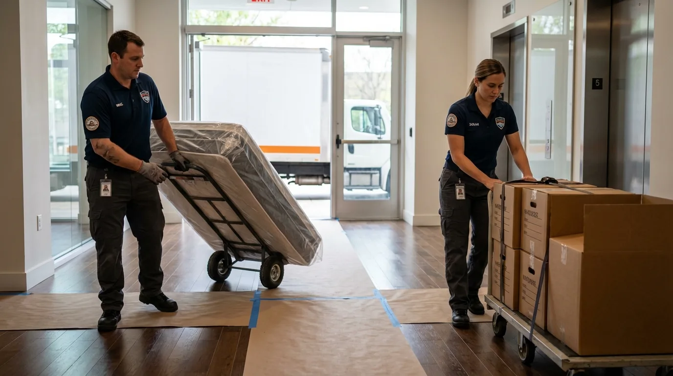 Professional apartment movers loading elevator in North Pole, AK