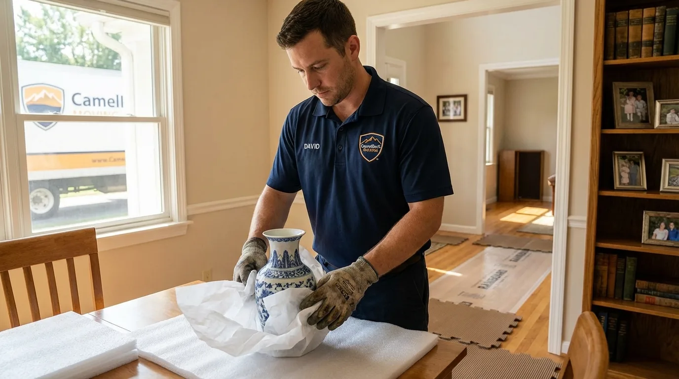 Professional crew carefully wrapping antique vase for senior downsizing move in North Pole, AK