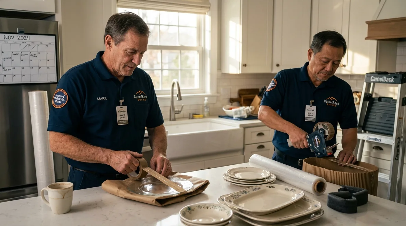 Professional crew packing kitchen dishware in North Pole, AK